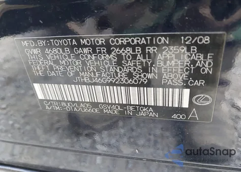 2009 Lexus Es 350 from USA, damaged, VIN JTHBJ46G992306079